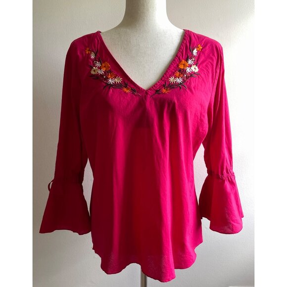 Carlie's Court Embroidered Bell Sleeve Blouse Womens L Pink V-Neck 100% Cotton - Picture 1 of 7